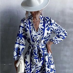 SHEIN Blue and White Resort Wrap Dress with Plunge Neck
